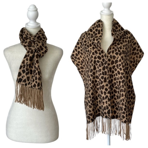 Fringed Leopard Print Cashmere Wrap Animal Print Shawl Winter Scarf One Size - Picture 1 of 7